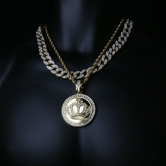 14k Gold Crown 20" Cuban Chain and Rope + Pendant